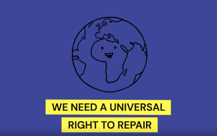 Purple bckground with illustration of the global, entered on Africa with a smiley face. Has a tagline of "We need a universal right to repair"