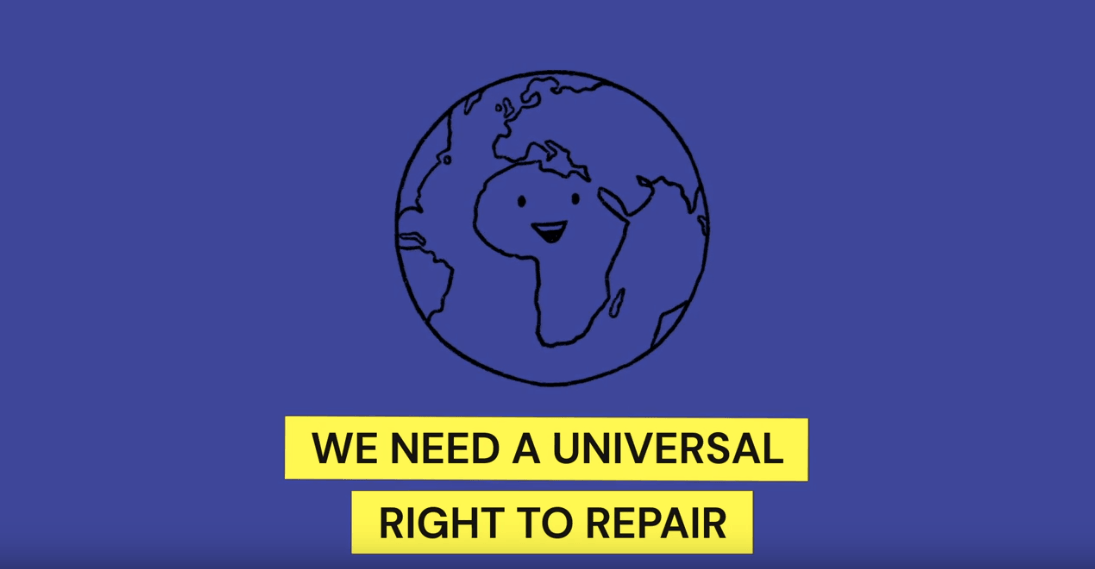 Purple bckground with illustration of the global, entered on Africa with a smiley face. Has a tagline of "We need a universal right to repair"