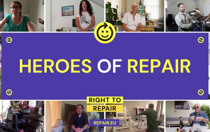 Screenshots of men and women at home fixing electronics. Has the title "Heroes of repair, right to repair, repair.eu"