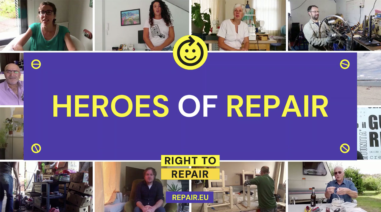 Screenshots of men and women at home fixing electronics. Has the title "Heroes of repair, right to repair, repair.eu"